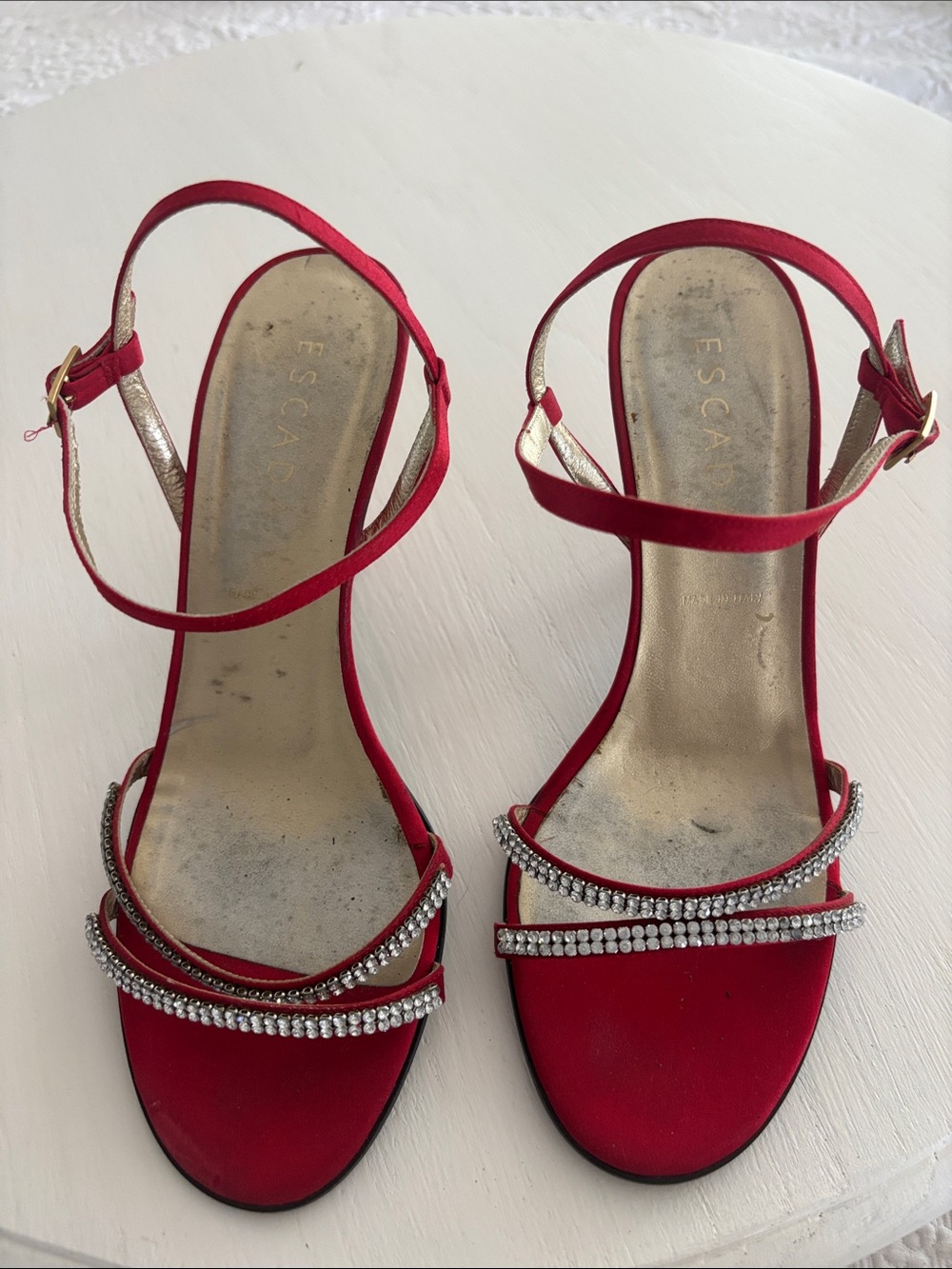 Escada Red Satin Rhinestone Strap Heeled Sandals